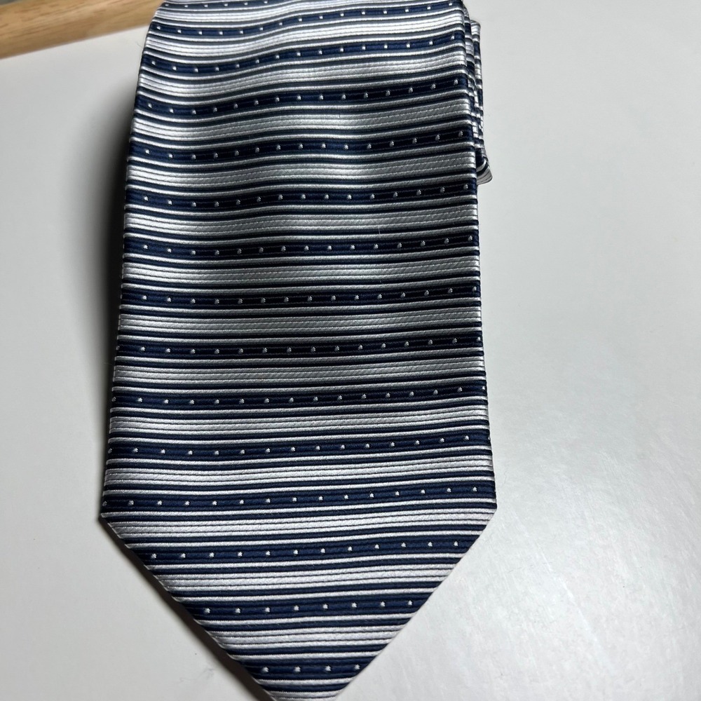 La Strada Mens Necktie Hand Made Striped Dotted Navy Blue Silver One Size